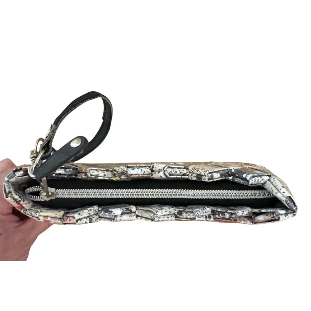 Nahui Ollin Recycled Paper Woven Wristlet Clutch Newspaper Paint Splatter Print